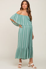 Green Striped Off Shoulder Maternity Jumpsuit