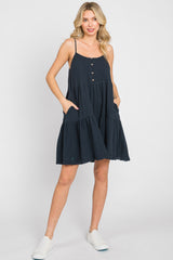 Navy Front Button Tiered Dress