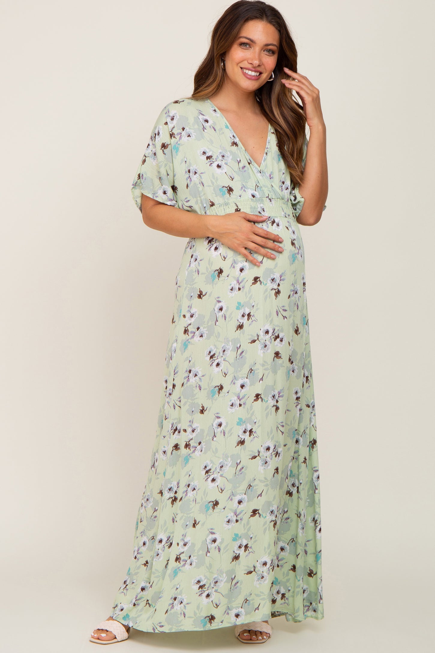 Lime Floral Wrap V-Neck Smocked Waist Maternity Maxi Dress– PinkBlush