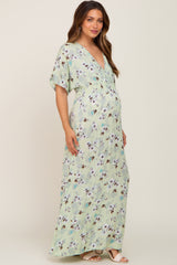 Lime Floral Wrap V-Neck Smocked Waist Maternity Maxi Dress