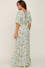 Lime Floral Wrap V-Neck Smocked Waist Maternity Maxi Dress