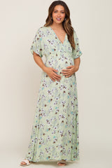 Lime Floral Wrap V-Neck Smocked Waist Maternity Maxi Dress