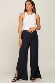 Forest Green Striped Textured Side Slit Maternity Pants