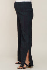 Forest Green Striped Textured Side Slit Maternity Pants