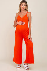 Orange Rib Knit Wide Leg Maternity Jumpsuit