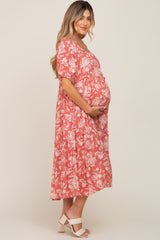 Magenta Floral Tiered Short Sleeve Maternity Midi Dress