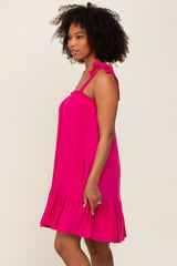 Fuchsia Linen Square Neck Tie Strap Ruffle Hem Dress