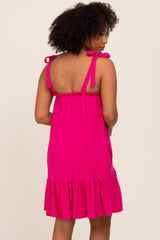 Fuchsia Linen Square Neck Tie Strap Ruffle Hem Dress