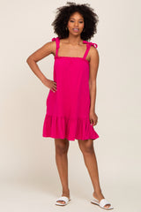 Fuchsia Linen Square Neck Tie Strap Ruffle Hem Dress