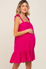 Fuchsia Linen Square Neck Tie Strap Ruffle Hem Maternity Dress