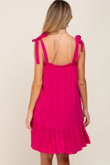 Fuchsia Linen Square Neck Tie Strap Ruffle Hem Maternity Dress