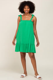 Green Linen Square Neck Tie Strap Ruffle Hem Dress