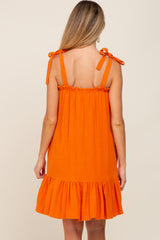 Orange Linen Square Neck Tie Strap Ruffle Hem Maternity Dress