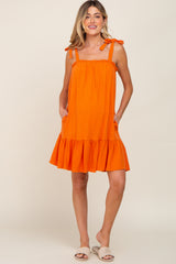 Orange Linen Square Neck Tie Strap Ruffle Hem Maternity Dress