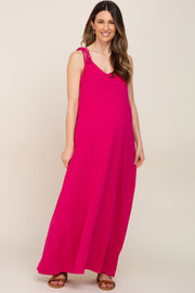 Fuchsia Linen V-Neck Tie Strap Maternity Maxi Dress