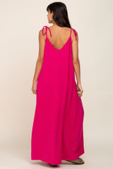 Fuchsia Linen V-Neck Tie Strap Maxi Dress