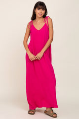 Fuchsia Linen V-Neck Tie Strap Maxi Dress