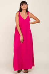 Fuchsia Linen V-Neck Tie Strap Maxi Dress