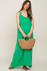 Green Linen V-Neck Tie Strap Maternity Maxi Dress