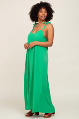 Green Linen V-Neck Tie Strap Maxi Dress