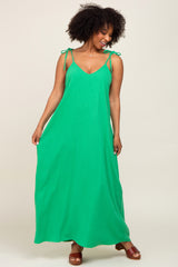 Green Linen V-Neck Tie Strap Maxi Dress