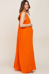 Orange Linen V-Neck Tie Strap Maternity Maxi Dress