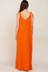 Orange Linen V-Neck Tie Strap Maternity Maxi Dress