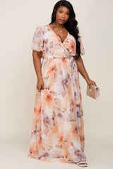 Peach Floral Chiffon Wrap Front Short Sleeve Maternity Plus Maxi Dress