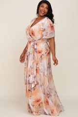 Peach Floral Chiffon Wrap Front Short Sleeve Plus Maxi Dress