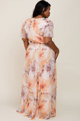 Peach Floral Chiffon Wrap Front Short Sleeve Plus Maxi Dress