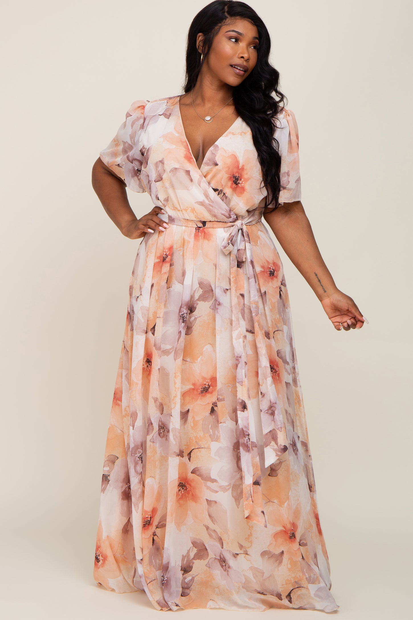 Peach Floral Chiffon Wrap Front Short Sleeve Plus Maxi Dress– PinkBlush