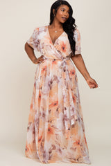 Peach Floral Chiffon Wrap Front Short Sleeve Plus Maxi Dress