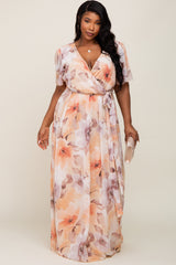 Peach Floral Chiffon Wrap Front Short Sleeve Plus Maxi Dress