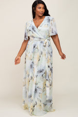 Mint Green Floral Chiffon Wrap Front Short Sleeve Maternity Plus Maxi Dress