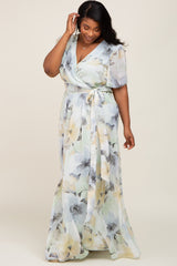 Mint Green Floral Chiffon Wrap Front Short Sleeve Plus Maxi Dress