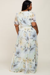 Mint Green Floral Chiffon Wrap Front Short Sleeve Plus Maxi Dress