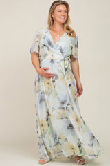 Mint Green Floral Chiffon Wrap Front Short Sleeve Maternity Plus Maxi Dress