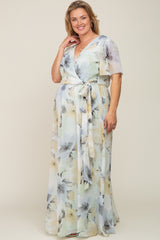 Mint Green Floral Chiffon Wrap Front Short Sleeve Maternity Plus Maxi Dress