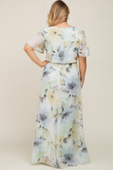 Mint Green Floral Chiffon Wrap Front Short Sleeve Maternity Plus Maxi Dress