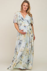 Mint Green Floral Chiffon Wrap Front Short Sleeve Maternity Plus Maxi Dress