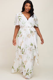 White Floral Chiffon Wrap Front Short Sleeve Plus Maxi Dress