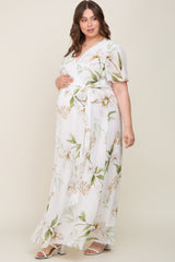 White Floral Chiffon Wrap Front Short Sleeve Maternity Plus Maxi Dress