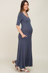 Navy Scoop Neck Maternity Maxi Dress