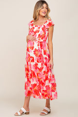 Fuchsia Smocked Off Shoulder Tiered Maternity Midi Dress