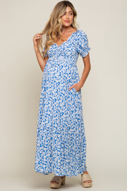 Blue Floral Cinched Bust Maternity Maxi Dress