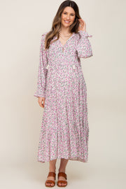 Pink Floral Front Tie Long Sleeve Tiered Maternity Midi Dress