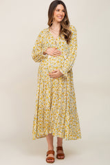 Yellow Floral Front Tie Long Sleeve Tiered Maternity Midi Dress