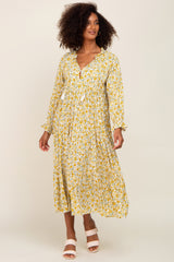 Yellow Floral Front Tie Long Sleeve Tiered Maternity Midi Dress