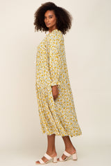 Yellow Floral Front Tie Long Sleeve Tiered Midi Dress