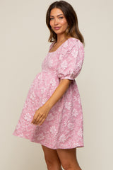 Pink Floral Textured Square Neck Maternity Babydoll Dress